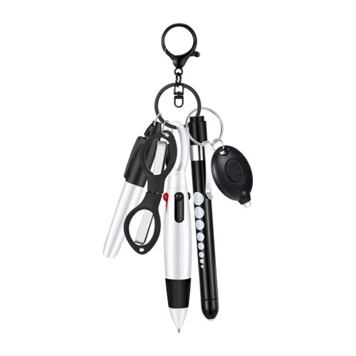6-In-1 Multifunction Retractable  Pen Set Flashlight Foldable Scissors Ballpoint Pen Keychain Nurse Pens Black