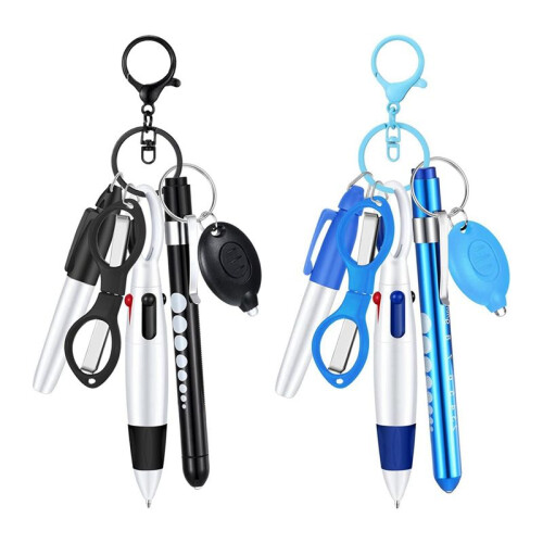 6-In-1 Multifunction Retractable  Pen Set Flashlight Foldable Scissors Ballpoint Pen Keychain Nurse Pens Black 2