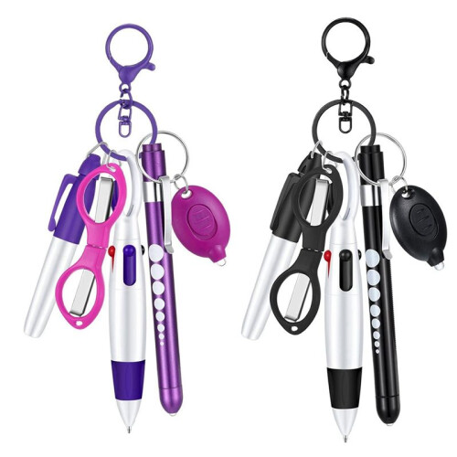 6-In-1 Multifunction Retractable  Pen Set Flashlight Foldable Scissors Ballpoint Pen Keychain Nurse Pens Black 1
