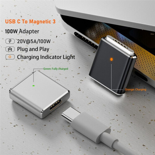 Replaceable for Magsafe3 Adapter Type-C Female to 5pin High Power Output 100w Adapter with Led for /Pro Silver 2