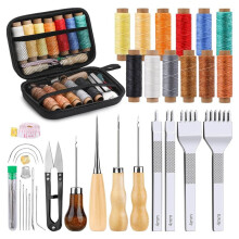 56Pcs Leather Stitching Pouch Kit,with 4mm ProngSewing Hole Punch Waxed Thread Working Tools for Beginners DIY Crafting