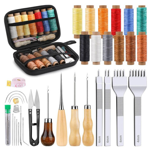56Pcs Leather Stitching Pouch Kit,with 4mm ProngSewing Hole Punch Waxed Thread Working Tools for Beginners DIY Crafting