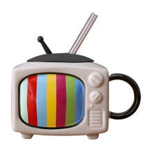 Ensemble de Tasses à Café Carrées en Céramique avec Paille et Couvercle Tasse à Thé de Bureau Rétro TV - Gris Clair