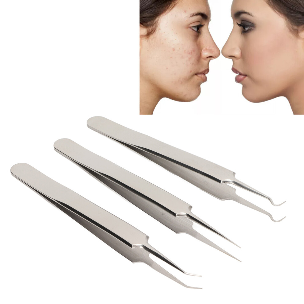 3pcs Stainless Steel Blackhead Tweezers for Pimple and Whitehead Extraction