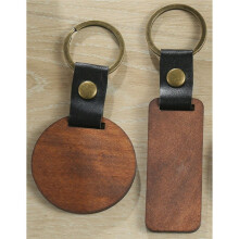 Wooden Keychain Wood Laser-Engraving Blanks Keychain Leather Strap Keychain Unfinished Rectangle Round Wood Keyring