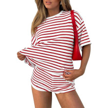 Ensemble Survêtement Femme 2 Pièces Rayures Rouge - T-Shirt Manches Courtes et Short Sport Détente Taille S Confortable