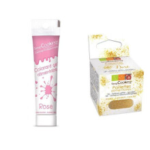 Corante alimentar em gel rosa + purpurina dourada