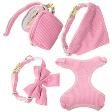 4Sets Firm Pink Corduroy Dog Harness Leash Set for Outdoor Activities