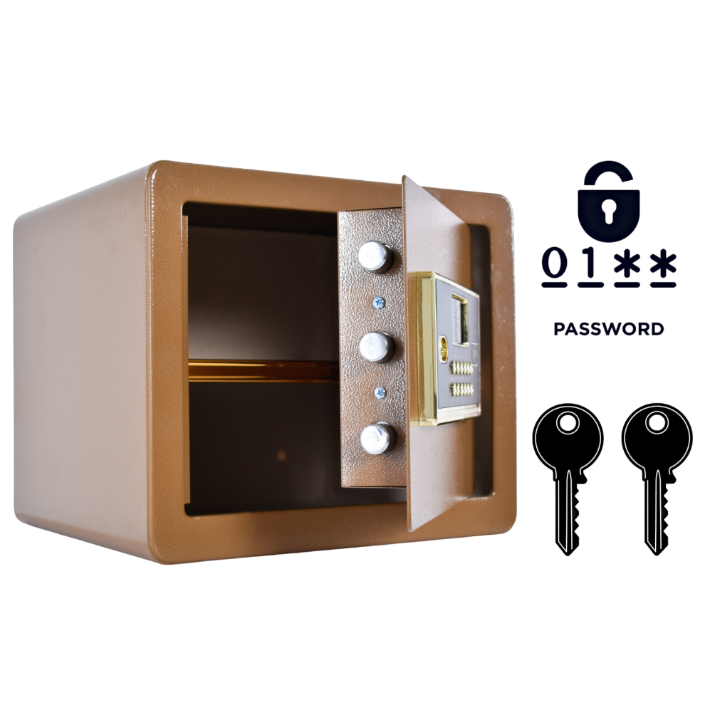 Armored Home Safe Box 30X36x30cm Brown Steel Electronic Lock & Key Security With Alarm & Removable Shelf For Documents & Valuables 5902362815740