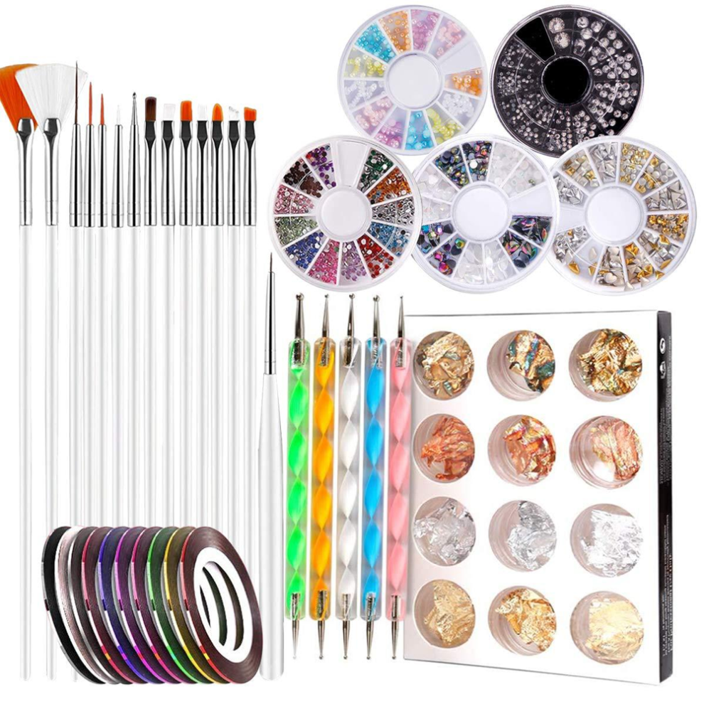 Professional Grade Nail Art Brushes, Assorted Colors, Adhesive Multi-Color Striping Tapes, Stainless Head Dotting Tools, Creative Paillette Foil Stic