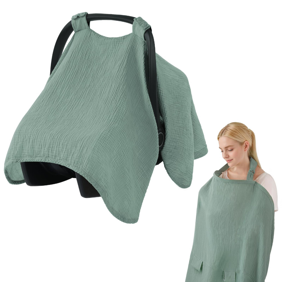 Muslin Baby Car Seat Cover 2In1 Nursing Cover And Canopy, Breathable Seat Cover For Breastfeeding, Roman Green