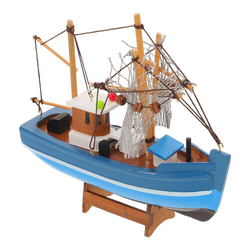 4Pcs Solid Wood Blue Sailboat Statue Mediterranean Coastal Home Decor 1