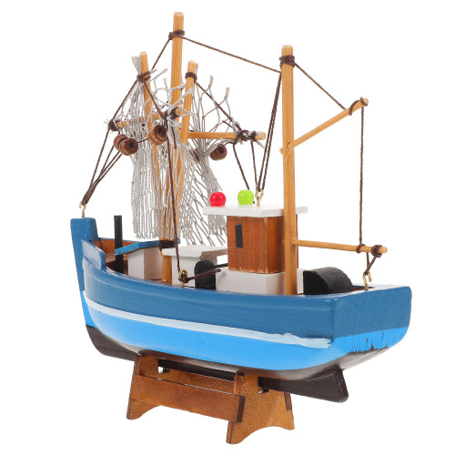 4Pcs Solid Wood Blue Sailboat Statue Mediterranean Coastal Home Decor 2