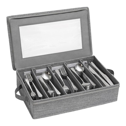Silverware Storage Box,Flatware Organizer with Zipper Lid, 5 Compartment Cutlery Case with Adjustable Divider and Handle