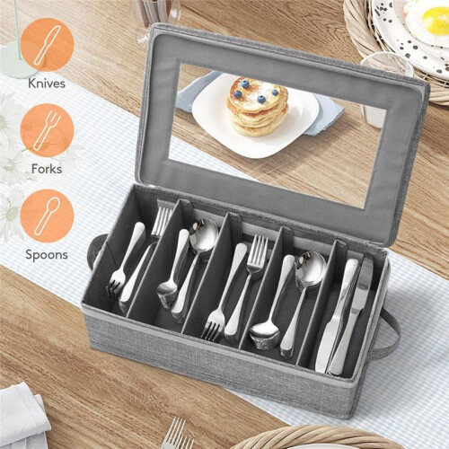 Silverware Storage Box,Flatware Organizer with Zipper Lid, 5 Compartment Cutlery Case with Adjustable Divider and Handle 2
