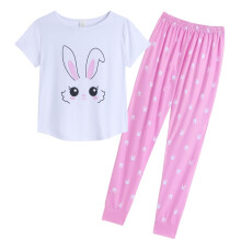 Pyjama Femme Deux Pièces Blanc et Rose Taille 32 - Ensemble T-shirt Manches Courtes et Pantalon Long Confortable et Doux