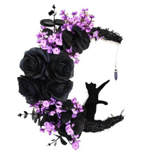 Halloween Signs Moon Shaped Door Wreaths Goth Roses Black Cats Garland Front Door Ornament Halloween Decor, B