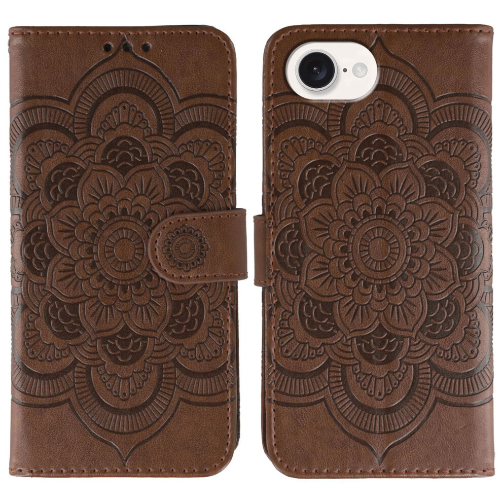 (Iphone 16E, ) For Iphone 16E Case Pu Leather Mandala Imprinted Design Wallet Phone Cover Brown 6914288940016