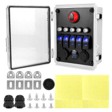 Rocker Marine Toggle Panel Box 5 Gang Waterproof LED Lighted with Breaker USB Charger LED Voltmeter
