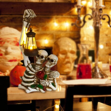 Buiten Skelet Decor met Zonne-Lantaarn, Realistische Schedel Skelet Standbeeld Halloween Beeldjes Decoraties-voor Halloween
