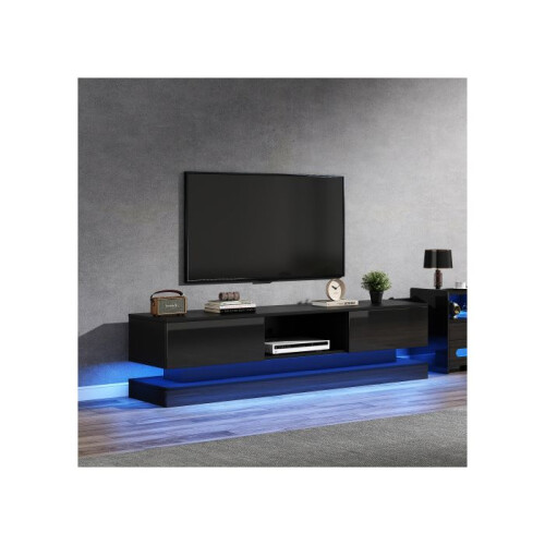 Support TV - MUVOE - 160 cm - Noir brillant - Éclairage LED - 2 tiroirs - Contrôle application