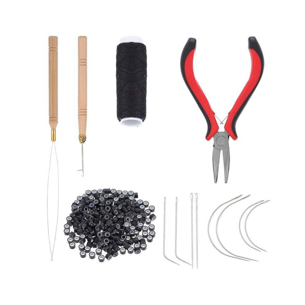 Semoic Unisex Hair Extensions Tools Kit,Silicone Beads,Plier,Roll Sewing Thread,Loop Needle-Threader, Sewing Needles-Bead Device Tool