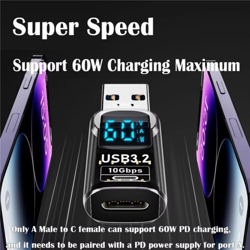 1PCS Digital LED Display USB 3.2 Adapter 10Gbps 36-60W Power Meter Tester  Chip Data Transmission USB C Extension A 1