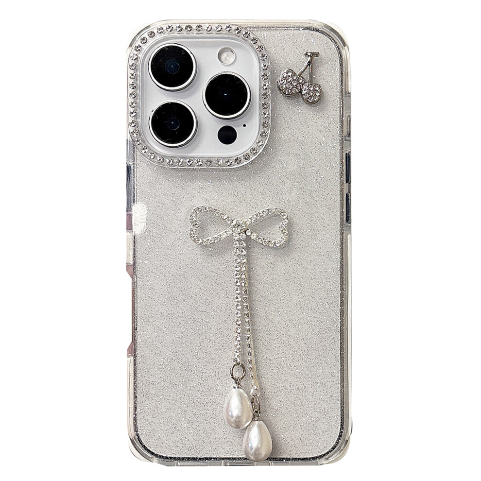 (Iphone 16 Pro, ) For Iphone 16 Pro Case Rhinestone Decor Glitter Tpu Phone Cover With Bow Tassel White 6914283199631