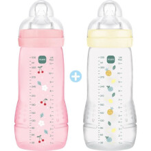 Pacote com 2 Mamadeiras - MAM BABY - Easy Active - +6 meses - 330 ml - Bico fluxo X - Berry + Perola