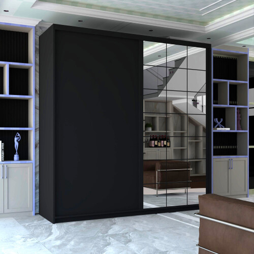 MN Furniture Double Door Sliding Mirror Wardrobe Black 200cm