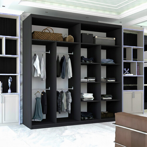 MN Furniture Double Door Sliding Mirror Wardrobe Black 200cm 1