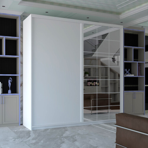 MN Furniture Double Door Sliding Mirror Wardrobe White 200cm