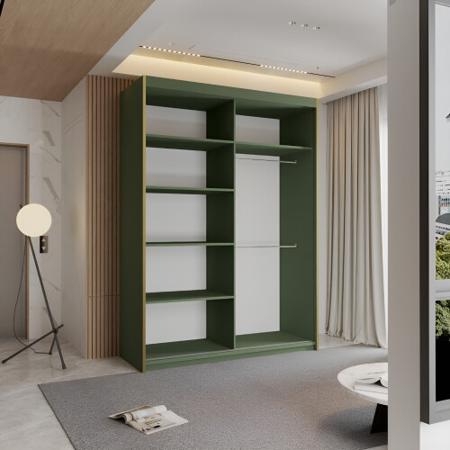 MN Furniture Double Sliding Door Wardrobe Shelves Green 150cm 2