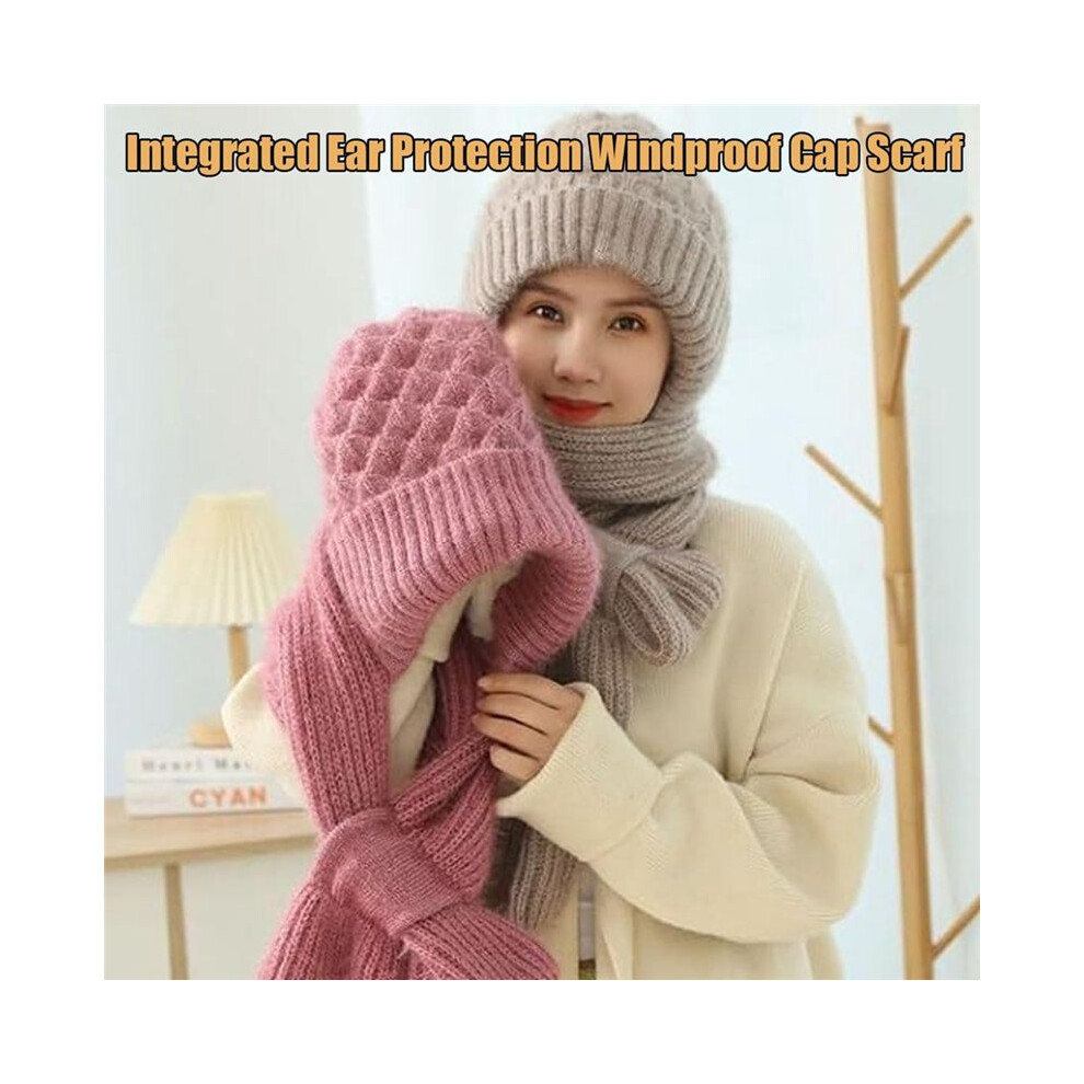 Spactz Women's Plush-Lined Acrylic Balaclavas Hood Scarf Hat Windproof Integrated Ear Protector Fashionable Winter Cap-D