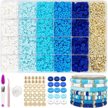 Schmuckset mit blauen Tonperlen, flachen Tonperlen und goldenen Zwischenperlen, Freundschaftsarmband-Set