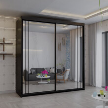 (Black, 200cm) Venice MN Furniture Sliding Door Wardrobe with Full Mirror, Shelves & Hanging Rail