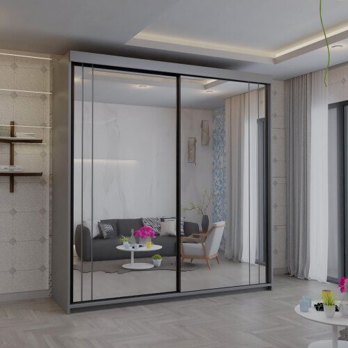 MN Furniture Double Sliding Full Mirror Wardrobe Grey 200cm