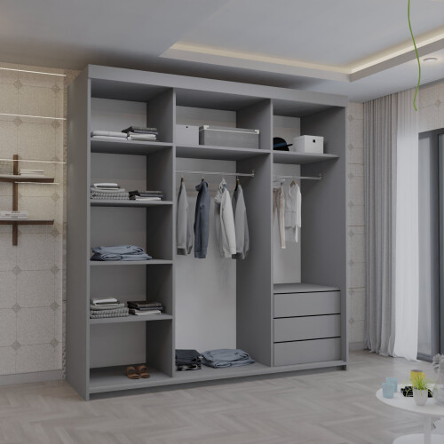 MN Furniture Double Sliding Full Mirror Wardrobe Grey 200cm 2