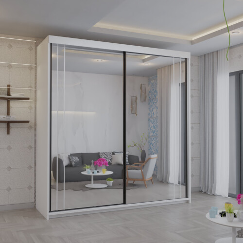 MN Furniture Double Sliding Full Mirror Wardrobe White 150cm