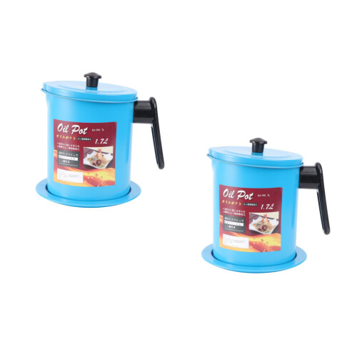 2Pcs Blue Iron Oil Container Kitchen Strainer Pot Storage 2