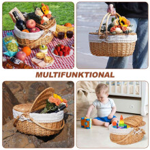 Wicker Picnic Basket with Lid,Wicker Basket with Handle and Liner, Handmade Shopping Basket,Braided Wicker Picnic Basket