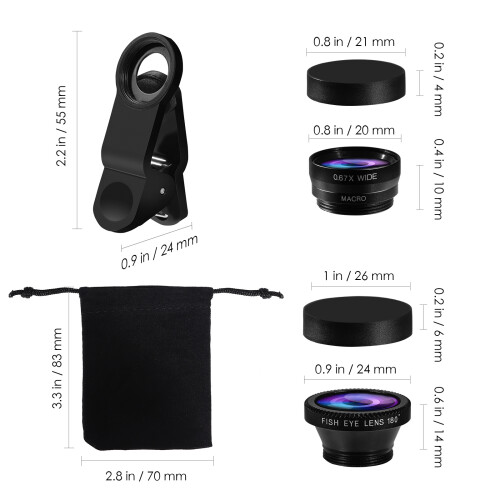 2Pièces Objectifs Smartphone Kit Noir Grand Angle Macro Fisheye 1
