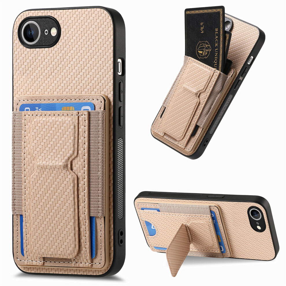 (Iphone 16E, Beige) For Iphone 16E Case With Card Holder Kickstand Fiber Pattern Leather Back Cover Cream 6914286113214