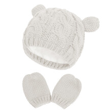 2Sets Kids White Knitted Beanie Hat and Warm Gloves Baby Winter Set