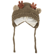 2Pièces Bonnet Tricoté Khaki Oreillettes Et Bois De Cerf