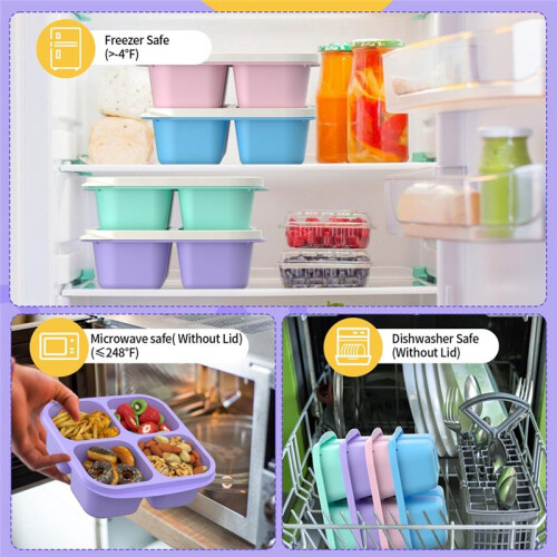 Meal Prep Containers (4 Pack), 4-Compartments Bento Lunch Box, Reusable Food Prep Containers 2