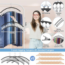 3 Pack Legging Organizer for Closet Hanging, Pants Hangers with 15 Clips Holds Pants Hangers Space Saving Clothes Racks