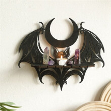 Svart Trävägghylla Gothic Bat Moon Profilering Ihåligt Mönster Flytande Hylla Kristallhållare Goth Witch Room Decor
