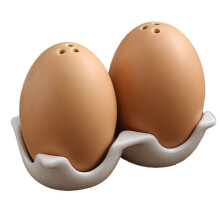 Ceramic Salt and Pepper Shaker Set, Brown Egg Shaped Shakers with Carton Design Holding Stand