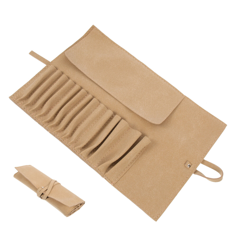 Totority 4Pcs Chocolate Makeup Brush Rolling Bag Suede Travel Cosmetic Case